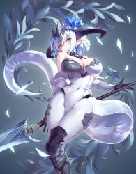 Rule 34 | 1girl, alternate breast size, alternate costume, blue hair, blush, breasts, cleavage, detached sleeves, dragon girl, dragon horns, dragon tail, gloves, highres, horns, light blue hair, navel, pointy ears, polearm, purple eyes, shadowverse, short hair, solo, spear, tail, watchdog rol (y1104280730), weapon, whitefrost dragonewt filene