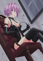 Rule 34 | 1girl, arm strap, armpits, bare shoulders, bdsm, black footwear, black gloves, blush, boots, breasts, chair, cleavage, collar, commentary request, elbow gloves, fang, female focus, from below, gloves, highres, holding, holding riding crop, holding whip, indoors, kantai collection, latex, latex suit, looking at viewer, medium breasts, navel, open mouth, purple hair, red eyes, riding crop, short hair, sidelocks, sitting, skindentation, solo, taira yuuki, tama (kancolle), tama kai ni (kancolle), thigh boots, thighhighs, thighs, whip, window, wrist straps