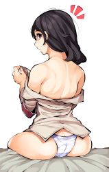Rule 34 | 1girl, absurdres, ass, bad id, bad pixiv id, bare back, bare shoulders, black eyes, brown eyes, butt crack, commentary request, from behind, gongtak, highres, long hair, looking at viewer, looking back, panties, pieck finger, shingeki no kyojin, simple background, sitting, solo, surprised, underwear, undressing, uniform, white background, white panties