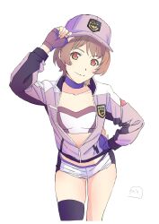 Rule 34 | 1girl, brown eyes, brown hair, choker, closed mouth, collarbone, fingerless gloves, gloves, hat, highres, looking at viewer, nori (norimakigumo), shinmon megumi, short hair, short shorts, shorts, simple background, single thighhigh, smile, solo, standing, thighhighs, tomica hyper rescue drive head: kidou kyuukyuu keisatsu, white background