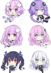 Rule 34 | 6+girls, aqua eyes, black hair, black heart (neptunia), blue eyes, blush, braid, closed mouth, commentary, d-pad, d-pad hair ornament, drawstring, elbow gloves, english commentary, gloves, hair between eyes, hair ornament, hair ribbon, handheld game console, hitsukuya, hood, hooded jacket, hoodie, jacket, leotard, long hair, looking at viewer, multiple girls, nepgear, neptune (neptunia), neptune (series), noire (neptunia), open mouth, pink hair, playstation vita, purple eyes, purple hair, purple heart (neptunia), purple sister, red eyes, ribbon, short hair, simple background, striped clothes, striped legwear, striped thighhighs, thighhighs, twin braids, twintails, usb, white background, white hair