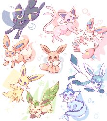 blonde_hair blue_eyes blue_hair blush bow brown_eyes closed_eyes colored_sclera creatures_(company) drooling eevee espeon evolutionary_line fins flareon forehead_jewel game_freak gen_1_pokemon gen_2_pokemon gen_4_pokemon gen_6_pokemon glaceon highres jolteon leafeon nintendo no_humans pokemon pokemon_(creature) purple_eyes red_sclera ribbon rosegateau sidelocks smile spikes sylveon umbreon vaporeon