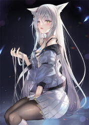 Rule 34 | 1girl, animal ear fluff, animal ears, black background, blush, breasts, brown pantyhose, camisole, cat ears, chest jewel, cleavage, fangs, from side, glowing, grey hair, highres, holding, holding own hair, inoue takuya (tactactak), jacket, long hair, long sleeves, looking at viewer, looking to the side, miniskirt, mio (xenoblade), off shoulder, official alternate hair length, official alternate hairstyle, open clothes, open jacket, open mouth, pantyhose, pleated skirt, simple background, sitting, skirt, small breasts, solo, strap slip, very long hair, white jacket, white skirt, xenoblade chronicles (series), xenoblade chronicles 3, yellow eyes