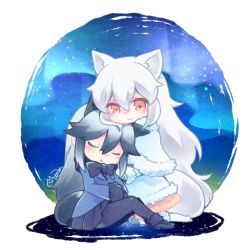 Rule 34 | 10s, 2girls, :&gt;, animal ears, arctic fox (kemono friends), black bow, black bowtie, black hair, black pantyhose, black skirt, blazer, blue jacket, blush, bow, bowtie, breast pocket, brown eyes, capelet, closed eyes, dot nose, fox ears, fox tail, full body, fur-trimmed capelet, fur-trimmed sleeves, fur trim, grey hair, hair between eyes, hand on another&#039;s shoulder, hug, jacket, kemono friends, kneeling, kneeling on water, long hair, long sleeves, looking at viewer, lowres, maora oto, multicolored hair, multiple girls, night, open mouth, outdoors, pantyhose, pink skirt, pleated skirt, pocket, signature, silver fox (kemono friends), skirt, sky, sleeping, smile, tail, tsurime, very long hair, water, white legwear