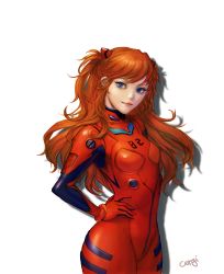 Rule 34 | 1girl, absurdres, artist name, blue eyes, bodysuit, bracer, breasts, closed mouth, eyelashes, galin, gloves, hairpods, hand on own hip, highres, interface headset, long hair, looking at viewer, neon genesis evangelion, orange hair, plugsuit, red bodysuit, red gloves, shoulder pads, simple background, small breasts, smile, solo, souryuu asuka langley, swept bangs, upper body, white background