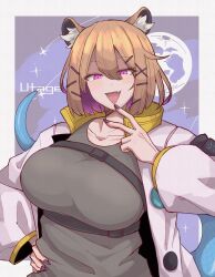Rule 34 | 1girl, animal ear fluff, arknights, black nails, blue tail, breasts, brown hair, character name, collarbone, fang, fingernails, hand on own hip, highres, kakiyokan, large breasts, long sleeves, open clothes, open mouth, puffy long sleeves, puffy sleeves, sharp fingernails, short hair, skin fang, smile, solo, upper body, utage (arknights)