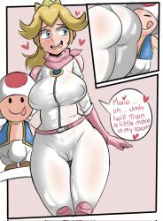Rule 34 | 1boy, 1girl, ass, blue eyes, blush, breasts, bulge, clothes, crown, english text, highres, long hair, looking at viewer, mario (series), mario kart, mario kart wii, medium breasts, nintendo, ponytail, princess peach, rider 117, size difference, smile, speech bubble, toad (mario), tongue, tongue out
