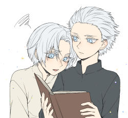 Rule 34 | 2boys, aged down, black shirt, blue eyes, book, brothers, child, dante (devil may cry), devil may cry (series), hair slicked back, head on another&#039;s shoulder, holding, holding book, long sleeves, looking at another, male focus, mise yuzuki, multiple boys, open book, parted bangs, reading, shirt, short hair, siblings, simple background, squiggle, twins, vergil (devil may cry), white background, white shirt