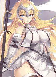 Rule 34 | 1girl, armor, armored dress, bad id, bad twitter id, bare shoulders, belt, blonde hair, blue eyes, blush, breasts, chain, commentary request, dress, fate/apocrypha, fate (series), faulds, flag, fur-trimmed legwear, fur trim, gauntlets, gorget, headpiece, hip focus, jeanne d&#039;arc (fate), jeanne d&#039;arc (ruler) (fate), jeanne d&#039;arc (third ascension) (fate), large breasts, long hair, looking at viewer, plackart, pokoten (pokoten718), sheath, sheathed, simple background, smile, solo, sword, vambraces, very long hair, weapon, white background, white dress, white flag