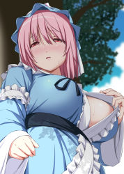 Rule 34 | 1girl, arm garter, blue dress, blue hat, blue ribbon, blue sash, blue sky, blush, breasts, center frills, cloud, commentary request, day, dress, frills, from below, hair between eyes, hat, highres, hot, large breasts, long sleeves, looking at viewer, mob cap, nori tamago, nose blush, open mouth, outdoors, pink hair, red eyes, ribbon, saigyouji yuyuko, sash, short hair, sky, solo, sweat, touhou, tree, triangular headpiece, upper body, veil, wide sleeves
