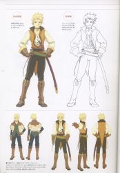 Rule 34 | 00s, 1boy, boots, character sheet, gradient background, guy cecil, highres, knee boots, male focus, official alternate costume, official art, partially colored, scan, solo, tales of (series), tales of the abyss, white background