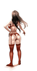 Rule 34 | 1girl, ass, back, bare shoulders, bow (bhp), bra, brown hair, garter belt, garter straps, hand on own hip, original, panties, red panties, red thighhighs, simple background, solo, thighhighs, thong, underwear, underwear only, white background