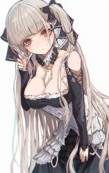 Rule 34 | 1girl, azur lane, bare shoulders, between breasts, black dress, blush, breasts, cleavage, dress, formidable (azur lane), frilled dress, frills, grey hair, hair ornament, hair ribbon, hand on thigh, hand up, highres, large breasts, leaning forward, long hair, long sleeves, looking at viewer, nyucha, red eyes, ribbon, simple background, solo, twintails, white background
