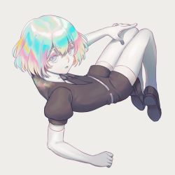 Rule 34 | 1other, androgynous, artist request, bad id, bad pixiv id, colored eyelashes, diamond (houseki no kuni), elbow gloves, gem uniform (houseki no kuni), gloves, grey background, highres, houseki no kuni, looking at viewer, multicolored eyes, multicolored hair, necktie, rainbow eyes, rainbow hair, short hair, solo, thick eyebrows, thighhighs