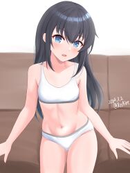 Rule 34 | 1girl, ame-san, asashio (kancolle), black hair, blue eyes, blush, collarbone, commentary request, couch, cowboy shot, dated, highres, kantai collection, long hair, looking at viewer, midriff, navel, open mouth, panties, revision, sitting, smile, solo, sports bra, twitter username, underwear, underwear only, white background, white panties, white sports bra