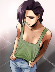 Rule 34 | 1990s (style), 1girl, asymmetrical hair, bare arms, bare shoulders, black hair, breasts, character name, cleavage, clothes pull, collarbone, crotch seam, denim, gradient background, gundam, gundam wing, haruyama kazunori, jeans, looking down, lucrezia noin, no bra, pants, purple eyes, retro artstyle, shirt pull, short hair, solo, standing, tank top