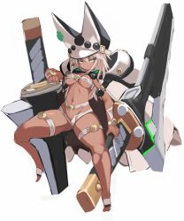 Rule 34 | 1girl, belt, breasts, brown eyes, cape, commentary request, dark skin, dark-skinned female, full body, groin, guilty gear, guilty gear xrd, hat, huge weapon, karukan (monjya), legs, long hair, navel, no panties, open clothes, open shorts, ramlethal valentine, short shorts, shorts, sketch, solo, spread legs, sword, thigh strap, weapon, white cape, white hair