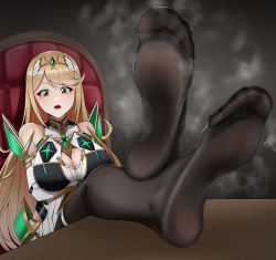 Rule 34 | 1girl, absurdres, black pantyhose, blonde hair, breasts, chair, cleavage, cleavage cutout, clothing cutout, commission, feet, foot focus, highres, large breasts, long hair, looking at viewer, mythra (massive melee) (xenoblade), mythra (xenoblade), nintendo, open mouth, pantyhose, pixiv commission, sitting, socks, soles, solo, steam, super smash bros., table, toes, tsa, xenoblade chronicles (series), xenoblade chronicles 2, yellow eyes