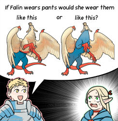 Rule 34 | 1boy, 2girls, :d, armor, blonde hair, blue pants, blue robe, blush, breastplate, chimera, choker, claws, commentary, denim, dungeon meshi, elf, emphasis lines, english commentary, falin touden, falin touden (chimera), feathered wings, full body, highres, if a dog wore pants (meme), jeans, laios touden, looking at another, marcille donato, meme, multiple girls, open mouth, pants, pointy ears, radiantraptor, red choker, robe, smile, speech bubble, twitter username, white wings, wings, yellow eyes
