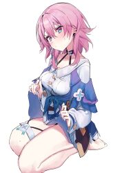 Rule 34 | 1girl, absurdres, bare legs, barefoot, blush, breasts, choker, closed mouth, clothes lift, hair between eyes, highres, honkai: star rail, honkai (series), jacket, lifting own clothes, long sleeves, looking at viewer, march 7th (honkai: star rail), medium breasts, multicolored eyes, pink hair, shirt, short hair with long locks, simple background, sitting, solo, sweat, syhan, thigh strap, tied jacket, two-tone eyes, white background, white shirt