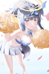 Rule 34 | 1girl, absurdres, animal ears, bare legs, black hair, blue archive, blue eyes, breasts, dog ears, dog girl, dog tail, goggles, halo, hibiki (blue archive), hibiki (cheer squad) (blue archive), highres, junsick, large breasts, long hair, looking at viewer, miniskirt, navel, pom pom (cheerleading), ponytail, simple background, skirt, solo, standing, tail, twitter, white background, white skirt, yellow halo