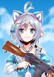 Rule 34 | .live, 1girl, ak-47, animal ear headphones, animal ears, antenna hair, assault rifle, blue eyes, blue flower, blue jacket, blue sky, cat ear headphones, cat ears, cat hair ornament, closed mouth, cloud, collarbone, commentary request, day, dress, fake animal ears, flower, grey hair, gun, hair between eyes, hair flower, hair ornament, headphones, heart, heart-shaped pupils, holding, holding gun, holding weapon, jacket, juliet sleeves, kalashnikov rifle, layered sleeves, long sleeves, okiru, outdoors, outline, puffy short sleeves, puffy sleeves, rifle, short over long sleeves, short sleeves, dennou shoujo siro, sky, smile, solo, symbol-shaped pupils, upper body, virtual youtuber, weapon, white dress, white flower, white outline