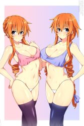 Rule 34 | 2girls, asymmetrical docking, bare shoulders, braid, braided ponytail, breast press, breasts, cleavage, closed mouth, collarbone, commentary, crop top, date a live, english commentary, gradient background, hair between eyes, hair ribbon, hand on own chest, hand on own hip, hand up, high-waist panties, highres, large breasts, light smile, lindaroze, long hair, looking at viewer, multiple girls, no pants, orange hair, paid reward available, pink background, purple background, purple thighhighs, ribbon, ringlets, siblings, sisters, skindentation, thighhighs, thighs, twins, twitter username, underboob, very long hair, watermark, web address, yamai kaguya, yamai yuzuru