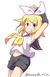 Rule 34 | 1girl, arched back, armpits, arms up, bare shoulders, black sailor collar, black shorts, blonde hair, blue eyes, bow, commentary, detached sleeves, grin, hair bow, hair ornament, hairclip, highres, kagamine rin, leg warmers, light blush, looking at viewer, midriff, navel, sailor collar, shirt, shorts, sleeveless, sleeveless shirt, smile, solo, twitter username, vocaloid, white bow, wreath (a1b2c3d45)