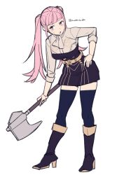 Rule 34 | 1girl, ascot, axe, belt, black footwear, black thighhighs, blunt bangs, blush, boots, buttons, commentary request, do m kaeru, female focus, fire emblem, fire emblem: three houses, flat color, full body, garreg mach monastery uniform, hand on own hip, high heel boots, high heels, hilda valentine goneril, holding, holding axe, holding weapon, long hair, looking at viewer, matching hair/eyes, nintendo, pink eyes, pink hair, simple background, solo, sweatdrop, thighhighs, twitter username, weapon, white ascot, white background, yellow belt, zettai ryouiki