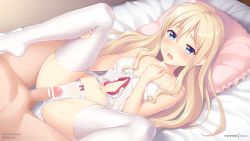 Rule 34 | 1boy, 1girl, artist name, babydoll, bad id, bad pixiv id, bar censor, bed, bed sheet, blonde hair, blue eyes, blush, bow, bow panties, breasts, censored, clothed female nude male, erection, fang, frills, hetero, lingerie, long hair, looking at viewer, lying, missionary, navel, no shoes, nude, on back, open mouth, original, panties, penis, pillow, rikorin, small breasts, spread legs, testicles, thighhighs, twitter username, underwear, underwear only, watermark, web address, white babydoll, white panties, white thighhighs