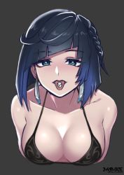Rule 34 | 1girl, artist name, bad id, bad pixiv id, bare shoulders, blue hair, bob cut, braid, breasts, cleavage, collarbone, commentary request, diagonal bangs, dice, earrings, genshin impact, green eyes, highres, jewelry, looking at viewer, masamune oekaki, shadow, simple background, solo, tongue, tongue out, upper body, yelan (genshin impact)