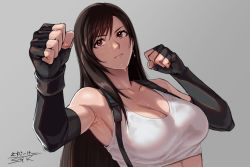 Rule 34 | 1girl, angle, black hair, breasts, cleavage, clenched hands, detached sleeves, final fantasy, final fantasy vii, final fantasy vii remake, fingerless gloves, gloves, grey background, highres, lips, long hair, looking ahead, perspective, red eyes, serious, sgk, shiny skin, signature, strap, sweat, sweaty clothes, tank top, tifa lockhart, upper body, wet, white tank top