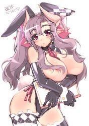 Rule 34 | 1girl, akatsuki francesca, animal ears, ascot, black gloves, blush, book, breasts, detached collar, elbow gloves, gloves, hair censor, hair over breasts, hair ribbon, horns, jpeg artifacts, large breasts, long hair, mel/a, pointy ears, purple hair, rabbit ears, ribbon, simple background, solo, thighhighs, white background