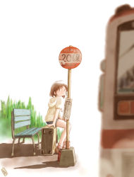 Rule 34 | 1girl, bad id, bad pixiv id, bench, blurry, brown eyes, brown hair, bug, bus stop, day, depth of field, grass, hood, hood down, hoodie, loafers, looking at viewer, original, outdoors, road sign, rolling suitcase, shadow, shoes, short hair, shorts, sign, signature, sitting, sitting on object, sleeve rolled up, socks, solo, suitcase, tomomi (user xtmw2443), yellow hoodie