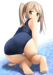 Rule 34 | 1girl, all fours, ass, blue one-piece swimsuit, full body, green eyes, highres, light brown hair, looking at viewer, looking back, old school swimsuit, one-piece swimsuit, original, school swimsuit, shibacha, sidelocks, smile, solo, swimsuit, thigh gap, twintails, water