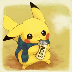 Rule 34 | boss coffee, can, canned coffee, clothed pokemon, creatures (company), drink can, game freak, gen 1 pokemon, konanbo, nintendo, no humans, pikachu, pokemon, pokemon (creature), scarf
