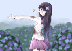 Rule 34 | 10s, 1girl, bad id, bad pixiv id, black hair, blood, blood on clothes, blood on face, breasts, bush, chm (macharge), flower, hair flower, hair ornament, hydrangea, long hair, outstretched arms, rain, red eyes, sanka rea, sankarea, school uniform, skirt, small breasts, solo, zombie