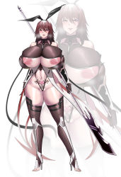 Rule 34 | absurdres, bare shoulders, black gloves, black legwear, black leotard, blush, breasts, brown hair, cameltoe, covered collarbone, feet, furrowed brow, gloves, hair ribbon, heavy breathing, highleg, highleg leotard, highres, holding, holding weapon, huge breasts, large areolae, leotard, licking lips, looking at viewer, mizuki shiranui, naginata, navel, polearm, pubic hair, pubic tattoo, puffy areolae, pussy, red eyes, ribbon, shiny skin, skindentation, tagme, taimanin (series), taimanin suit, taimanin yukikaze, tattoo, thighhighs, thong leotard, tongue, tongue out, uh weird, undersized clothes, weapon, wedgie