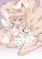 Rule 34 | 1girl, animal ears, apron, bare legs, bare shoulders, blonde hair, blush, bow, breast hold, breasts, cleavage, covered erect nipples, embarrassed, female focus, fox ears, fox tail, hat, ladle, large breasts, looking away, messy, multiple tails, naked apron, no headwear, short hair, simple background, sitting, solo, tail, touhou, transpot nonoko, wariza, yakumo ran