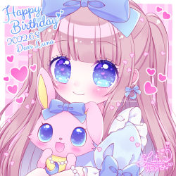 Rule 34 | 1girl, :d, blue bow, blue eyes, blue shirt, blush, bow, bow earrings, brown hair, character request, closed mouth, commentary request, crescent, crescent earrings, dated, earrings, hair bow, happy birthday, heart, highres, himetsuki luna, hug, jewelpet (series), jewelry, long hair, open mouth, puffy short sleeves, puffy sleeves, sanrio, shirt, short sleeves, smile, two side up, upper body, very long hair