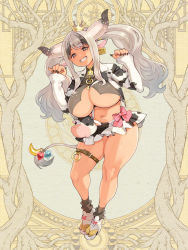 Rule 34 | 1girl, animal ears, animal print, bell, black hair, black nails, breasts, cow ears, cow girl, cow horns, cow print, cow tail, cowbell, crown, curvy, dairoku ryouhei, ear tag, full body, grin, horns, huge breasts, jacket, long hair, long sleeves, microskirt, mini crown, multicolored hair, nail polish, navel, neck bell, official art, open clothes, open jacket, photoshop (medium), platform footwear, pleated skirt, ryoji (nomura ryouji), skirt, smile, solo, tail, thick thighs, thigh strap, thighs, twintails, two-tone hair, underboob, w arms, white hair