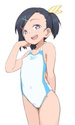 Rule 34 | 1girl, :d, arm behind back, bare arms, bare shoulders, black hair, blue eyes, bubukka, collarbone, competition swimsuit, flat chest, hair ornament, hair ribbon, hairclip, heart, heart-shaped pupils, looking at viewer, navel, one-piece swimsuit, open mouth, original, ribbon, short hair, side ponytail, simple background, smile, solo, striped ribbon, swept bangs, swimsuit, symbol-shaped pupils, tachibana momoka (bubukka), teeth, upper teeth only, white background, white one-piece swimsuit, x hair ornament