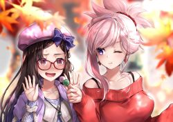Rule 34 | 2girls, :d, asymmetrical hair, autumn leaves, beret, black hair, blue eyes, blush, bra strap, breasts, commentary request, dango, earrings, fate/grand order, fate (series), food, hair ornament, hair over shoulder, hair scrunchie, hane yuki, hat, hat ribbon, heroic spirit traveling outfit, highres, jewelry, large breasts, leaf, leaf earrings, long hair, looking at viewer, maple leaf, miyamoto musashi (fate), multiple girls, necklace, off-shoulder, off-shoulder sweater, off shoulder, open mouth, osakabehime (fate), osakabehime (traveling outfit) (fate), pink hair, ponytail, red-framed eyewear, red eyes, ribbon, scrunchie, smile, spiked hair, sweater, wagashi