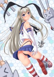 Rule 34 | 10s, 1girl, anchor, bad id, bad pixiv id, black panties, blue eyes, blush, chiro, elbow gloves, from behind, gloves, hair ornament, hairband, highleg, highleg panties, kantai collection, long hair, looking at viewer, looking back, panties, personification, rensouhou-chan, shimakaze (kancolle), silver hair, skirt, striped clothes, striped thighhighs, thighhighs, thong, underwear, white gloves