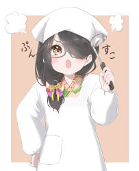 Rule 34 | 1girl, apron, blush, border, bow, brown background, commentary, cowboy shot, grey-framed eyewear, hair bow, hair over one eye, hair over shoulder, hand on own hip, hand up, head steam, highres, holding, holding ladle, indie virtual youtuber, itokena ai, itou life (vtuber), ladle, long sleeves, looking at viewer, open mouth, orange eyes, puffy sleeves, simple background, solo, sound effects, swept bangs, virtual youtuber, white apron, white border, white headwear