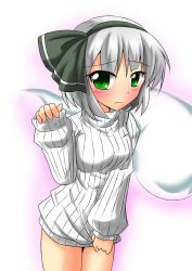 Rule 34 | 1girl, arm up, aura, blush, bottomless, bow, breasts, clothes pull, female focus, green eyes, hair bow, konpaku youmu, konpaku youmu (ghost), looking at viewer, naked sweater, no pants, ribbed sweater, rody, rody (hayama yuu), shirt tug, short hair, simple background, sleeves past wrists, solo, sweater, sweater pull, touhou, turtleneck, white background, white hair