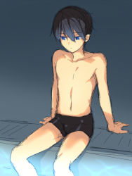 Rule 34 | 1boy, :/, arm support, black hair, black jammers, black male swimwear, blue eyes, bulge, dot nose, from side, hair between eyes, high speed!, jammers, male focus, male swimwear, mo (nmnme), nanase haruka (free!), navel, poolside, sitting, solo, source request, swimsuit, topless, topless male