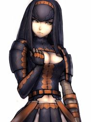 Rule 34 | 1girl, armor, black hair, breasts, brown eyes, capcom, cleavage, cleavage cutout, clothing cutout, faulds, fumio (rsqkr), gypceros (armor), hairband, large breasts, long hair, monster hunter (series), navel, pauldrons, pteruges, shoulder armor, solo