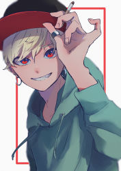 Rule 34 | 1boy, absurdres, aqua hoodie, black hat, cigarette, drawstring, earrings, hat, highres, holding, holding cigarette, hood, hood down, hoop earrings, huge filesize, jewelry, looking at viewer, male focus, original, red eyes, ring, ritao kamo, shadow, short hair, simple background, smile, solo, upper body, white background, white hair