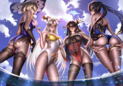 Rule 34 | 4girls, ass, ass focus, bare hips, bare shoulders, beidou (genshin impact), bikini, black hair, blonde hair, blue one-piece swimsuit, bodystocking, breasts, cleavage, cleavage cutout, clothing cutout, curvy, elbow gloves, genshin impact, gloves, hair ornament, hair ribbon, hand on own hip, highres, large breasts, liang xing, lisa (genshin impact), looking at viewer, mona (genshin impact), multiple girls, ningguang (genshin impact), one-piece swimsuit, purple one-piece swimsuit, red lips, red one-piece swimsuit, ribbon, skin tight, skindentation, spread ass, sweat, swimsuit, thigh gap, thighhighs, thighs, water, wet, white hair, white one-piece swimsuit